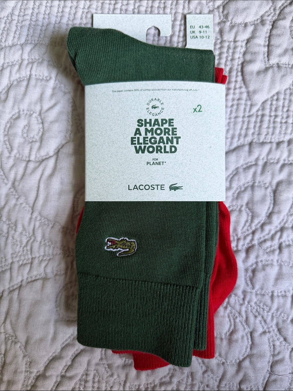 NWT Lacoste 2-Pack Long Crew Socks Green & Red EU 43-46 US 10-12